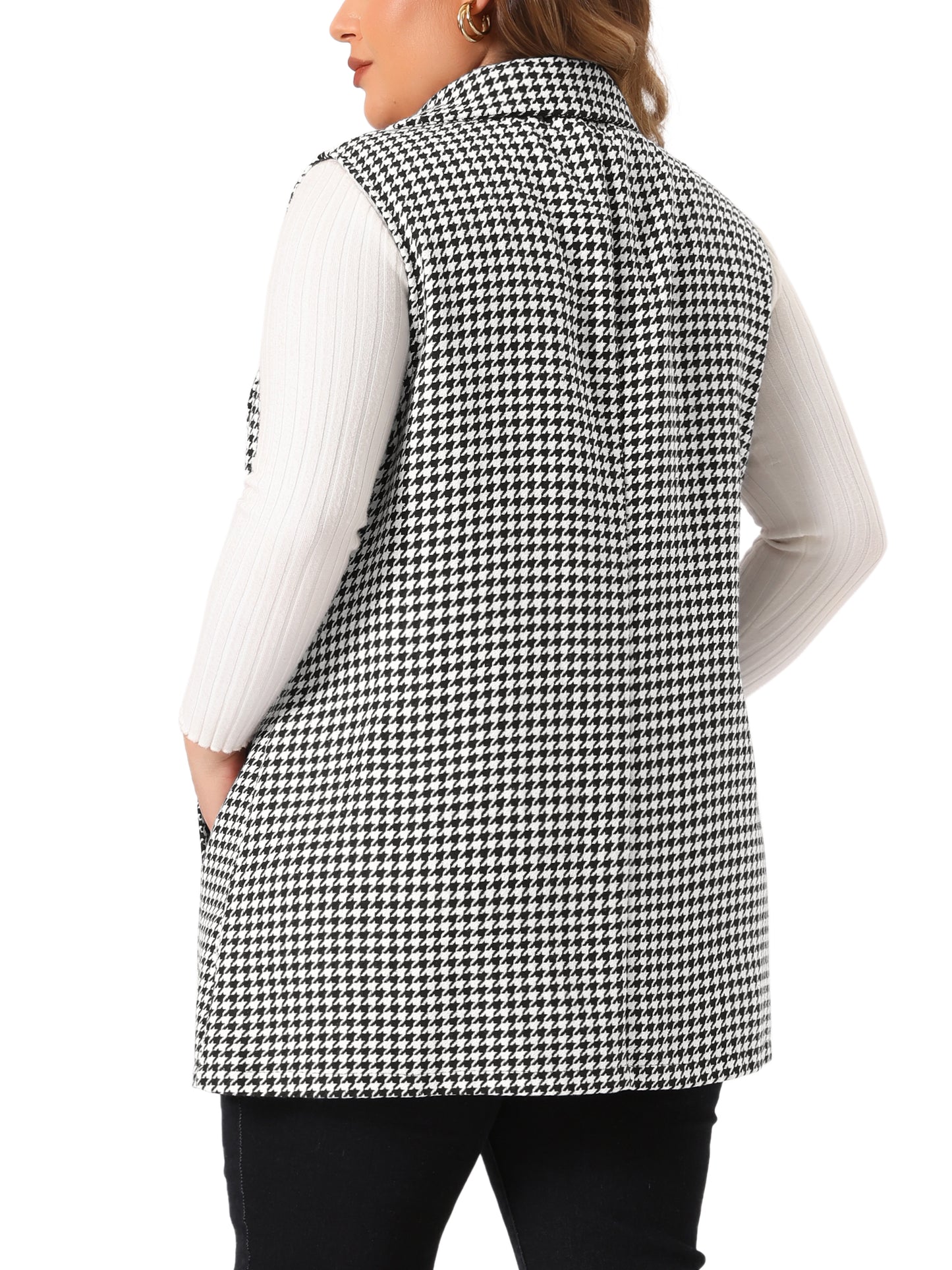 Women Plus Size Plaid Blazer Jacket Sleeveless Notched Lapel Button with Pockets Long Vests