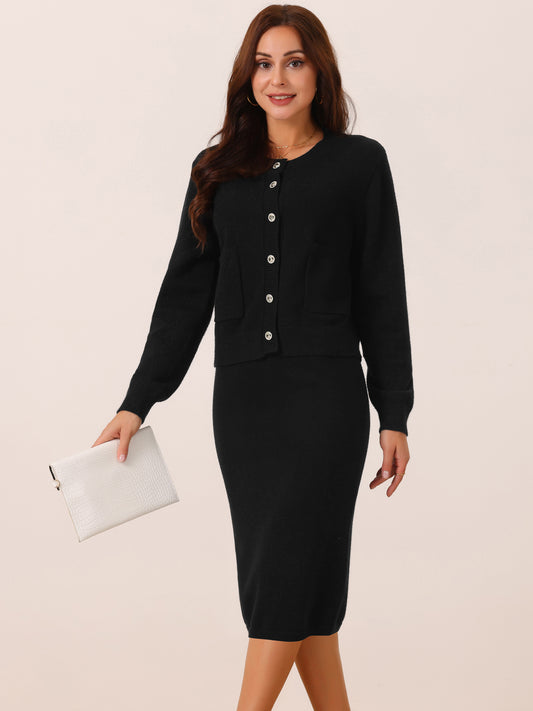 Women's Two Piece Sweater Set Button Down Cardigan and Midi Skirt Casual Lounge Set