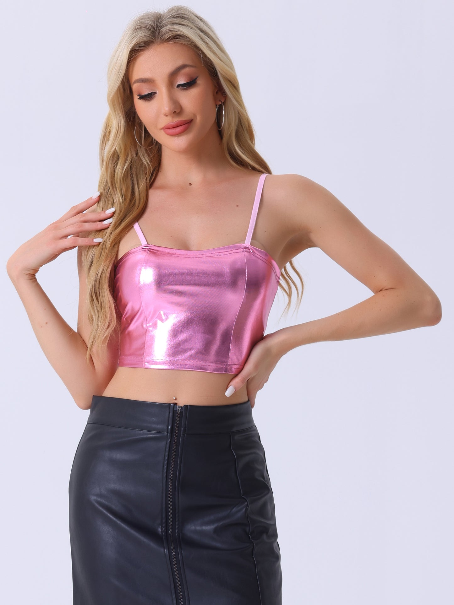 Women's Sexy Spaghetti Strap Cami Top Sleeveless Party Sparkly Shiny Metallic Crop Tank Top