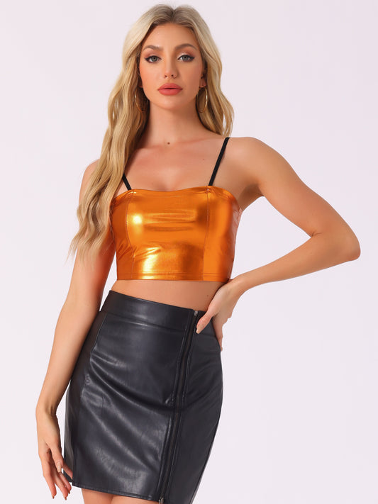 Women's Sexy Spaghetti Strap Cami Top Sleeveless Party Sparkly Shiny Metallic Crop Tank Top
