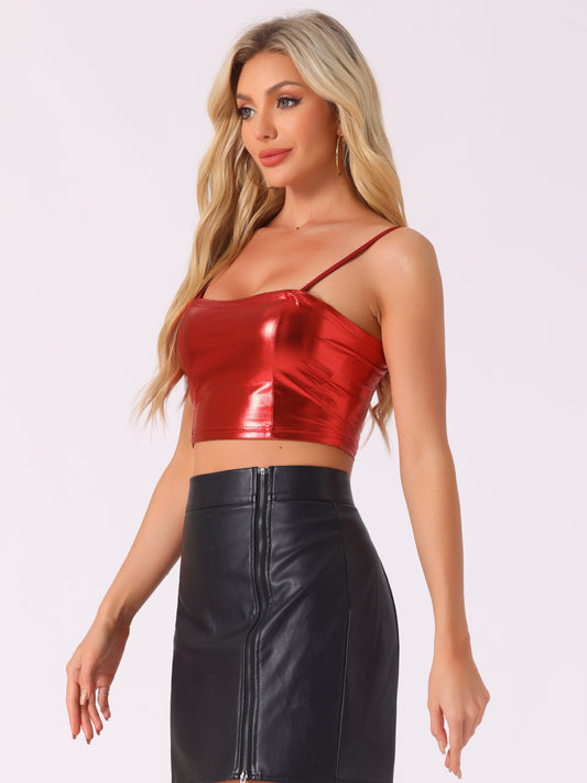 Women's Sexy Spaghetti Strap Cami Top Sleeveless Party Sparkly Shiny Metallic Crop Tank Top