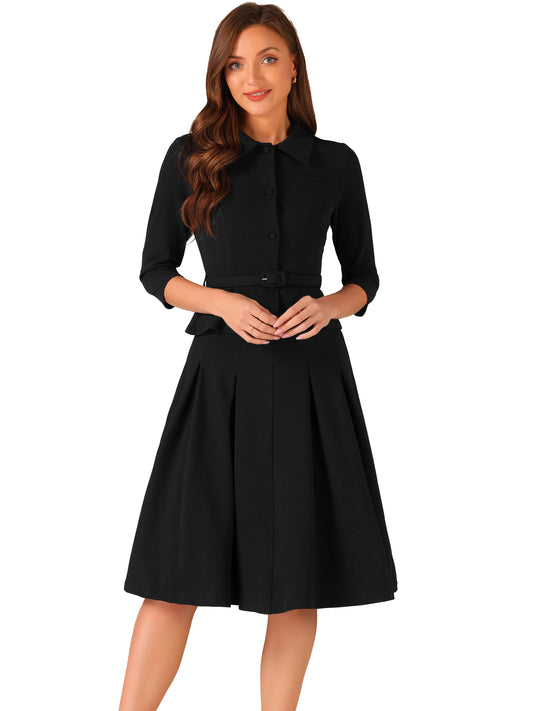 Women's 2 Piece Business Skirt Suit Set 3/4 Sleeve Office Blazer Pleated Skirt