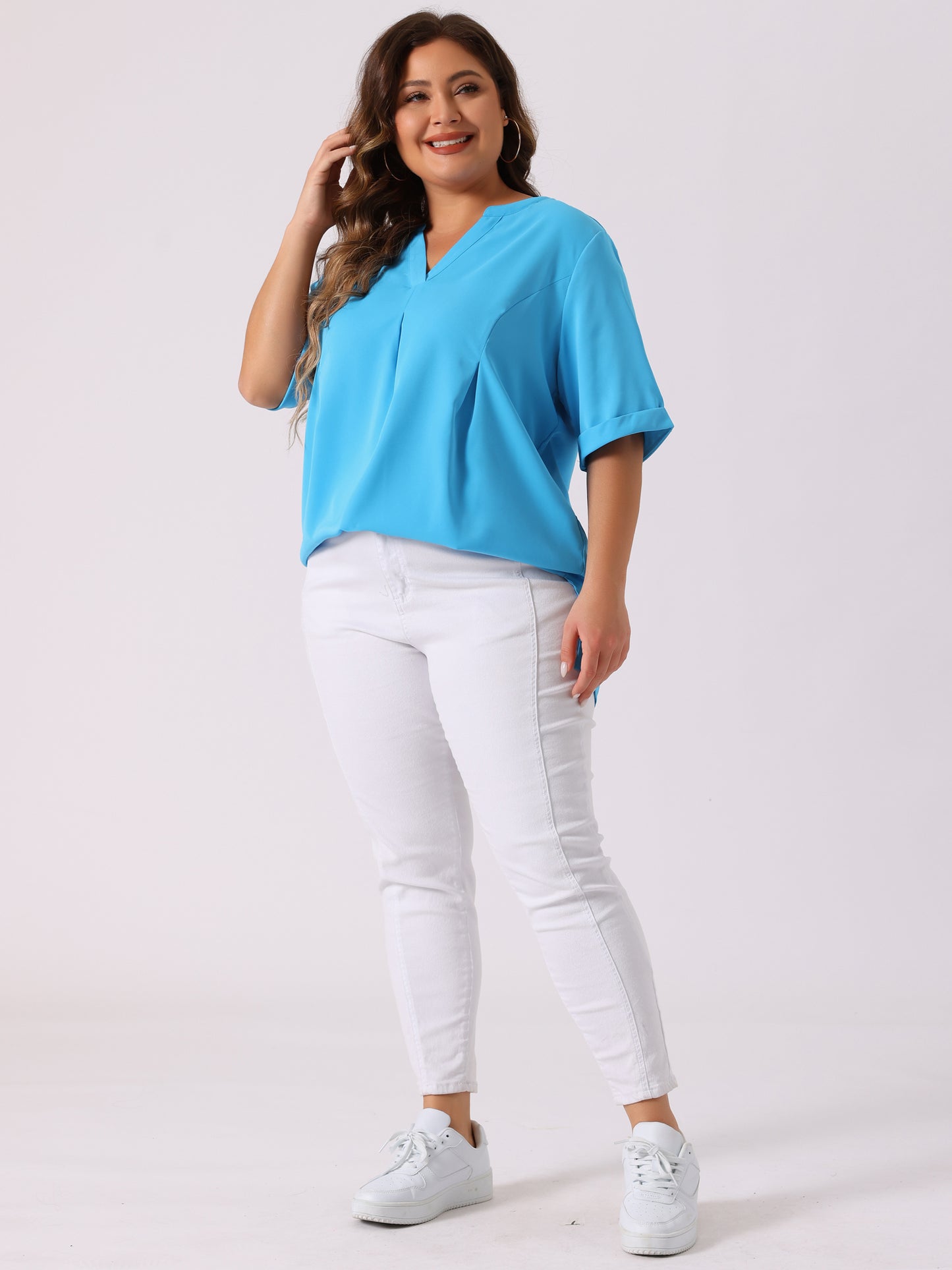 Women's Plus Size Blouse V Neck Casual Solid Blouses 1/2 Sleeve Tunic Top