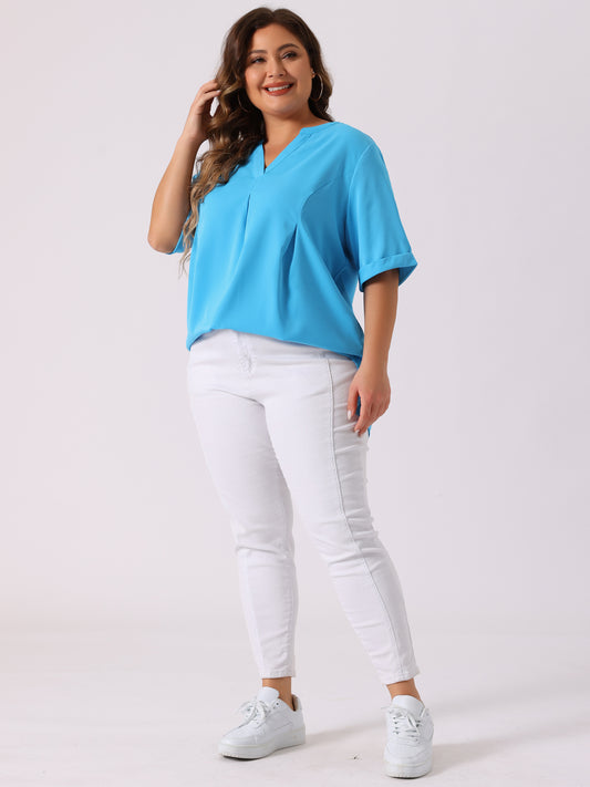 Women's Plus Size Blouse V Neck Casual Solid Blouses 1/2 Sleeve Tunic Top