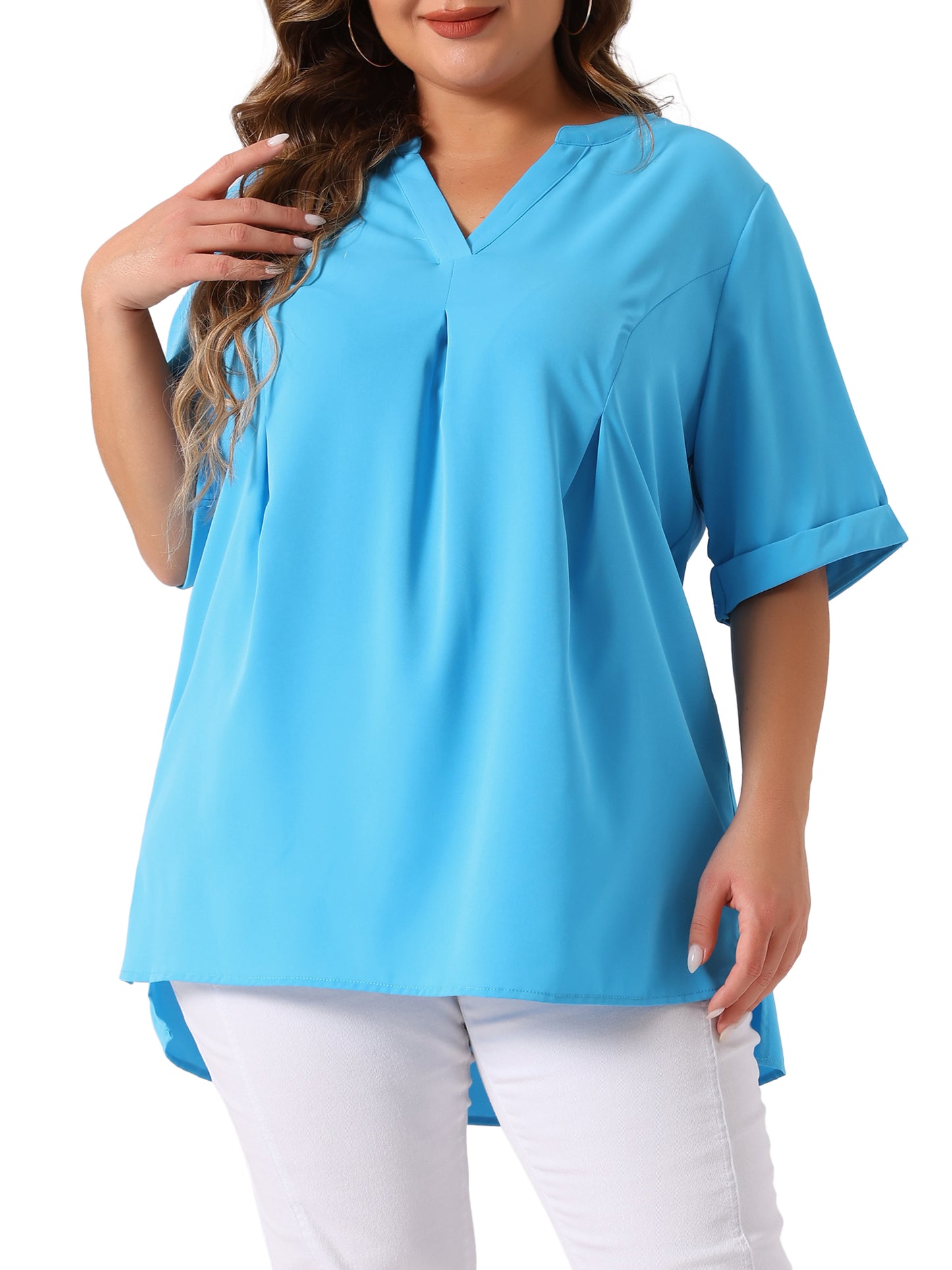 Women's Plus Size Blouse V Neck Casual Solid Blouses 1/2 Sleeve Tunic Top