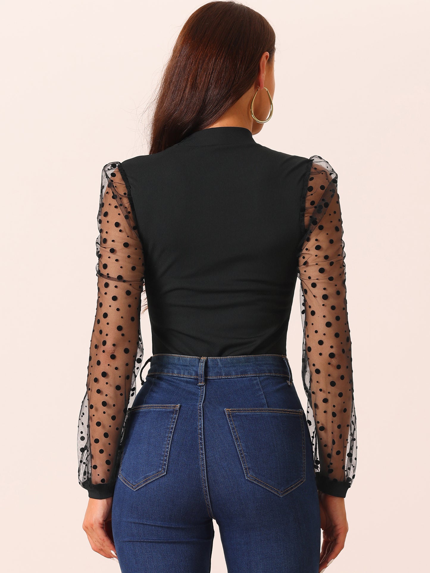 Women's Mock Neck Bodysuit Elegant Polka Dot Long Mesh Sheer Sleeve Slim Fit Bodysuits