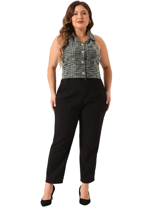 Women Plus Size Waistcoat Tweed Halter Neck Sleeveless Single Breasted Vest