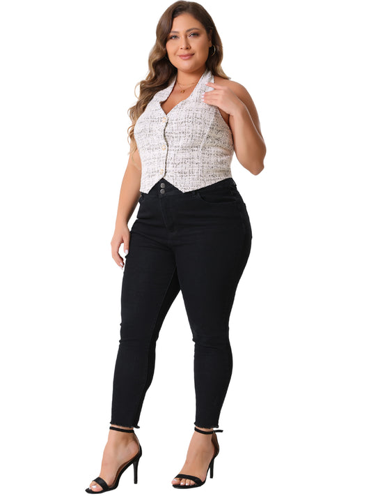 Women Plus Size Waistcoat Vest Elegant Halter Button Down Tweed Suit Blazers Vest