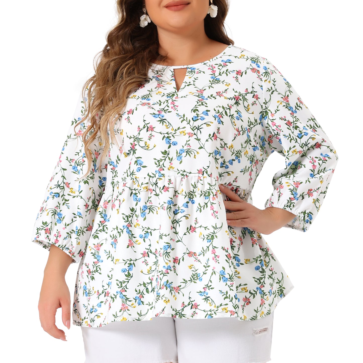 Women's Plus Size 3/4 Sleeves Babydoll Chiffon Keyhole Floral Flowy Blouse