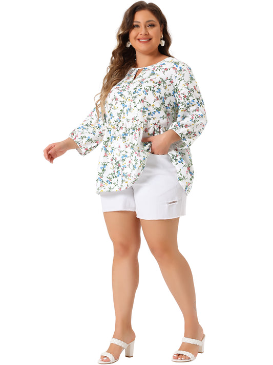 Women's Plus Size 3/4 Sleeves Babydoll Chiffon Keyhole Floral Flowy Blouse
