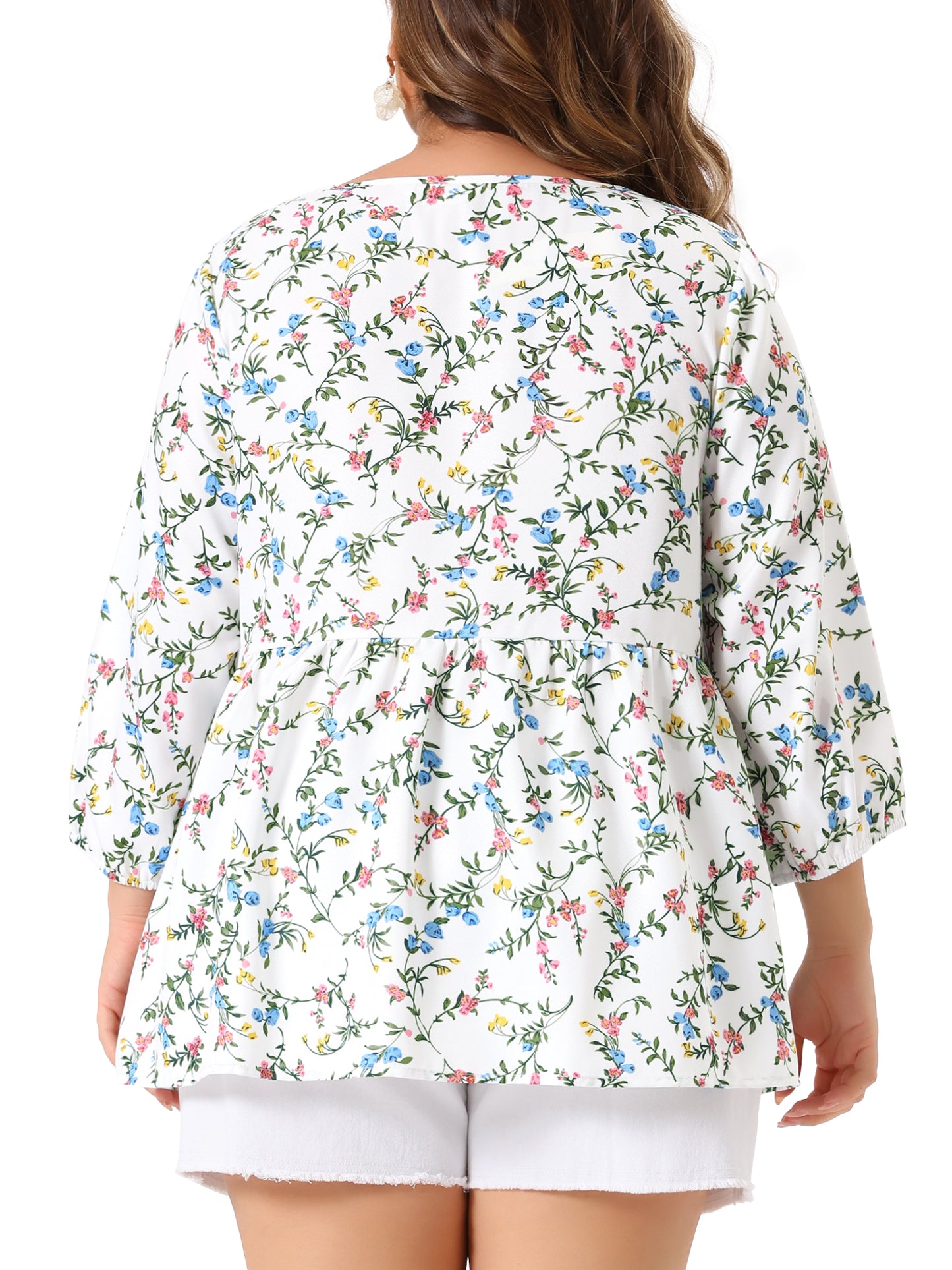 Women's Plus Size 3/4 Sleeves Babydoll Chiffon Keyhole Floral Flowy Blouse