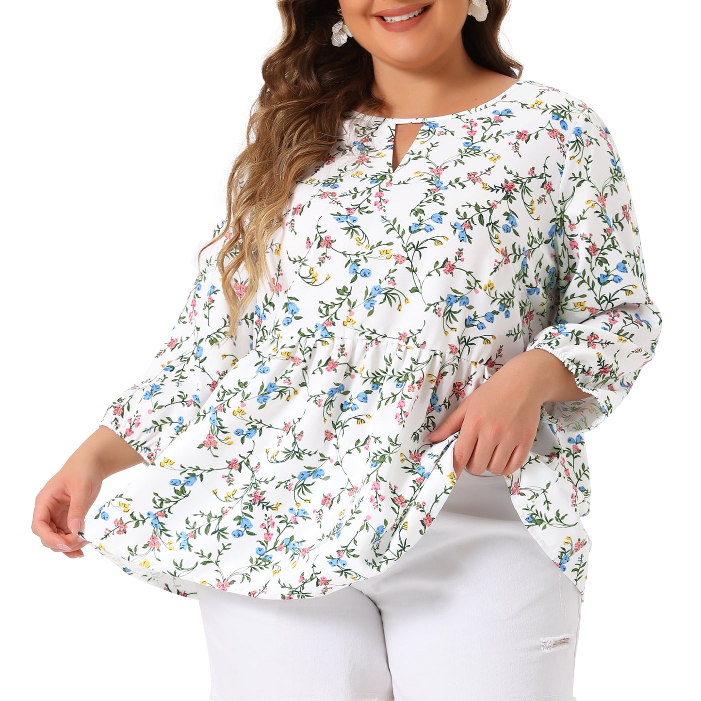 Women's Plus Size 3/4 Sleeves Babydoll Chiffon Keyhole Floral Flowy Blouse