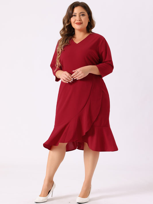 Women's Plus Size Business Ruffled Dress 3/4 Sleeve Office Work Cocktail Dresses Party Wrap Dress