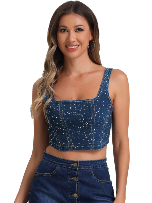 Women's Denim Square Neck Sleeveless Party Corset Crop Tank Top