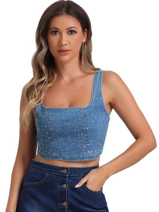 Women's Denim Square Neck Sleeveless Party Corset Crop Tank Top