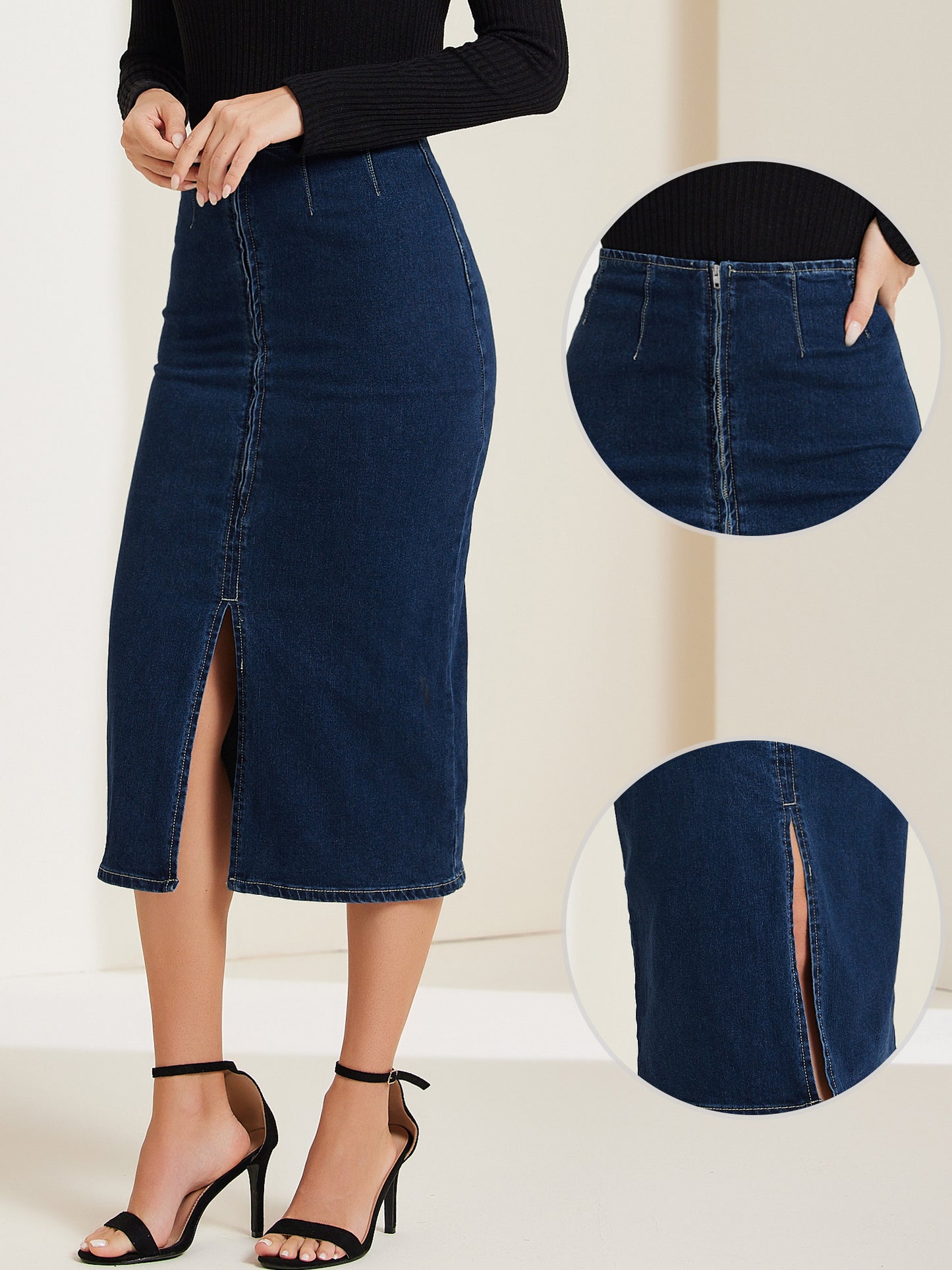 Women's Denim Skirt Front Slit Zipper High Waist Bodycon Midi Jean Skirt