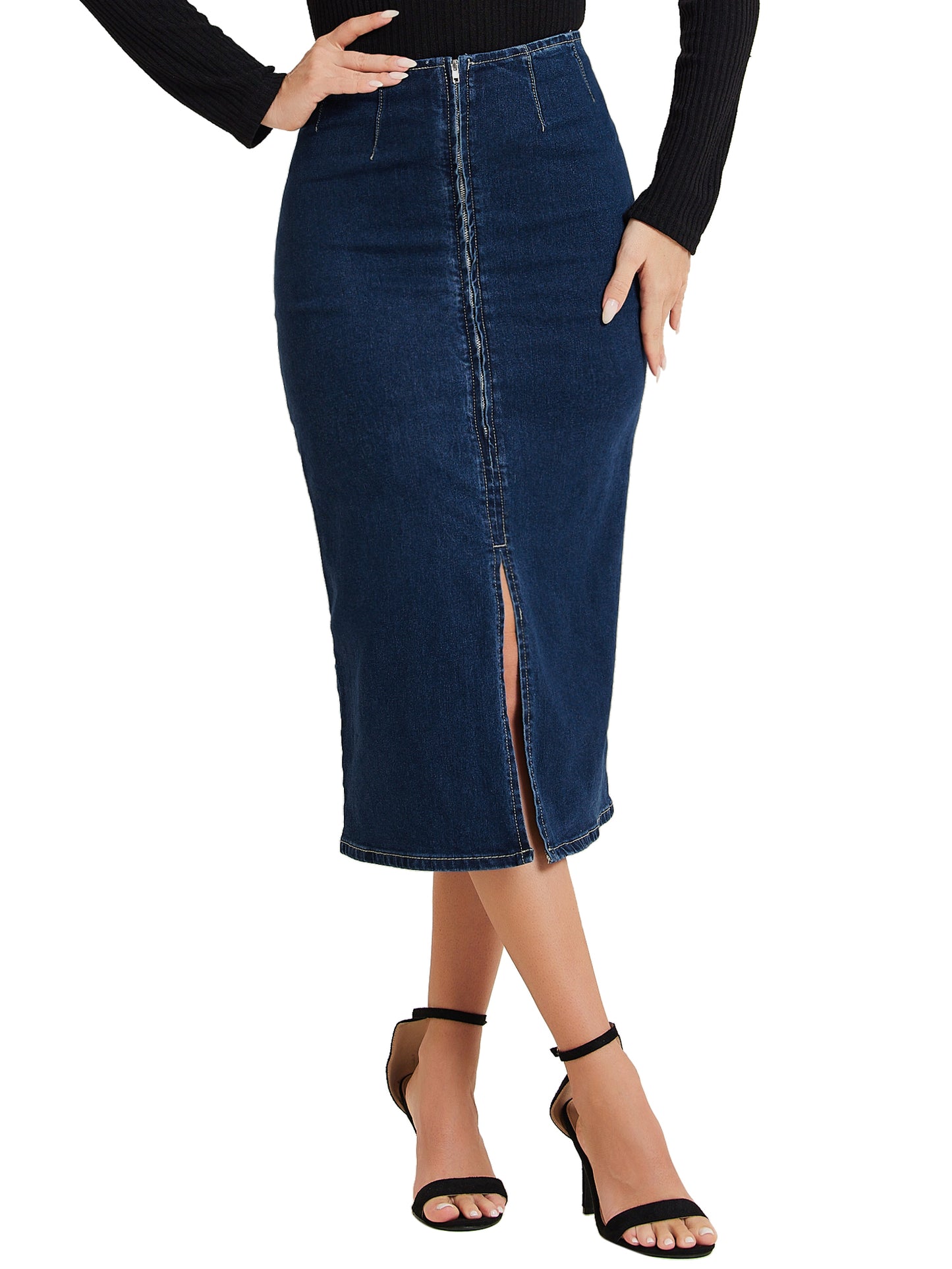 Women's Denim Skirt Front Slit Zipper High Waist Bodycon Midi Jean Skirt