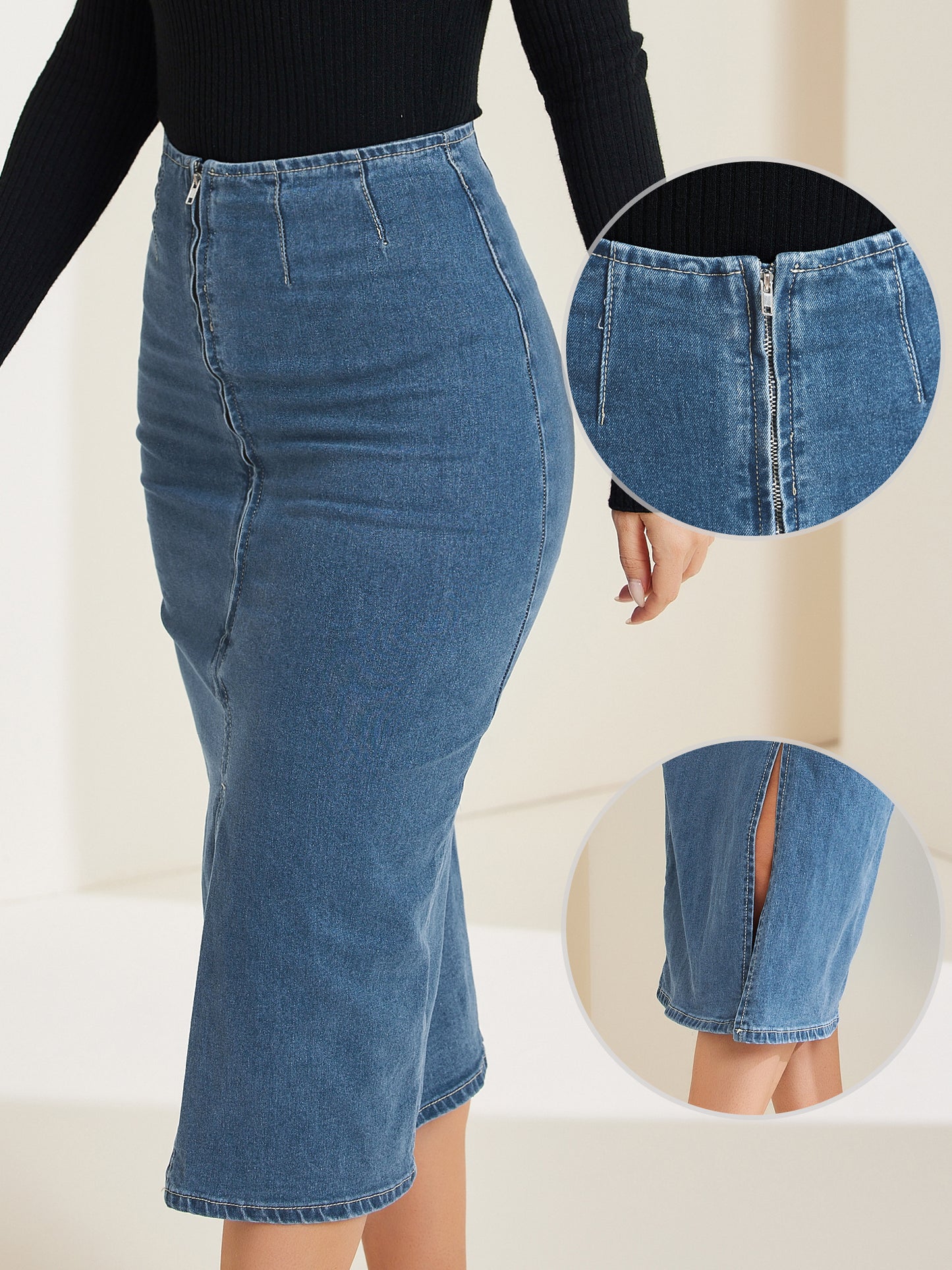 Women's Denim Skirt Front Slit Zipper High Waist Bodycon Midi Jean Skirt