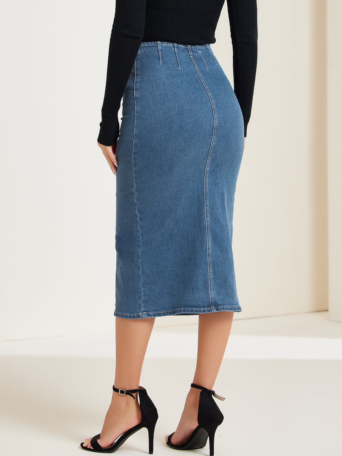 Women's Denim Skirt Front Slit Zipper High Waist Bodycon Midi Jean Skirt