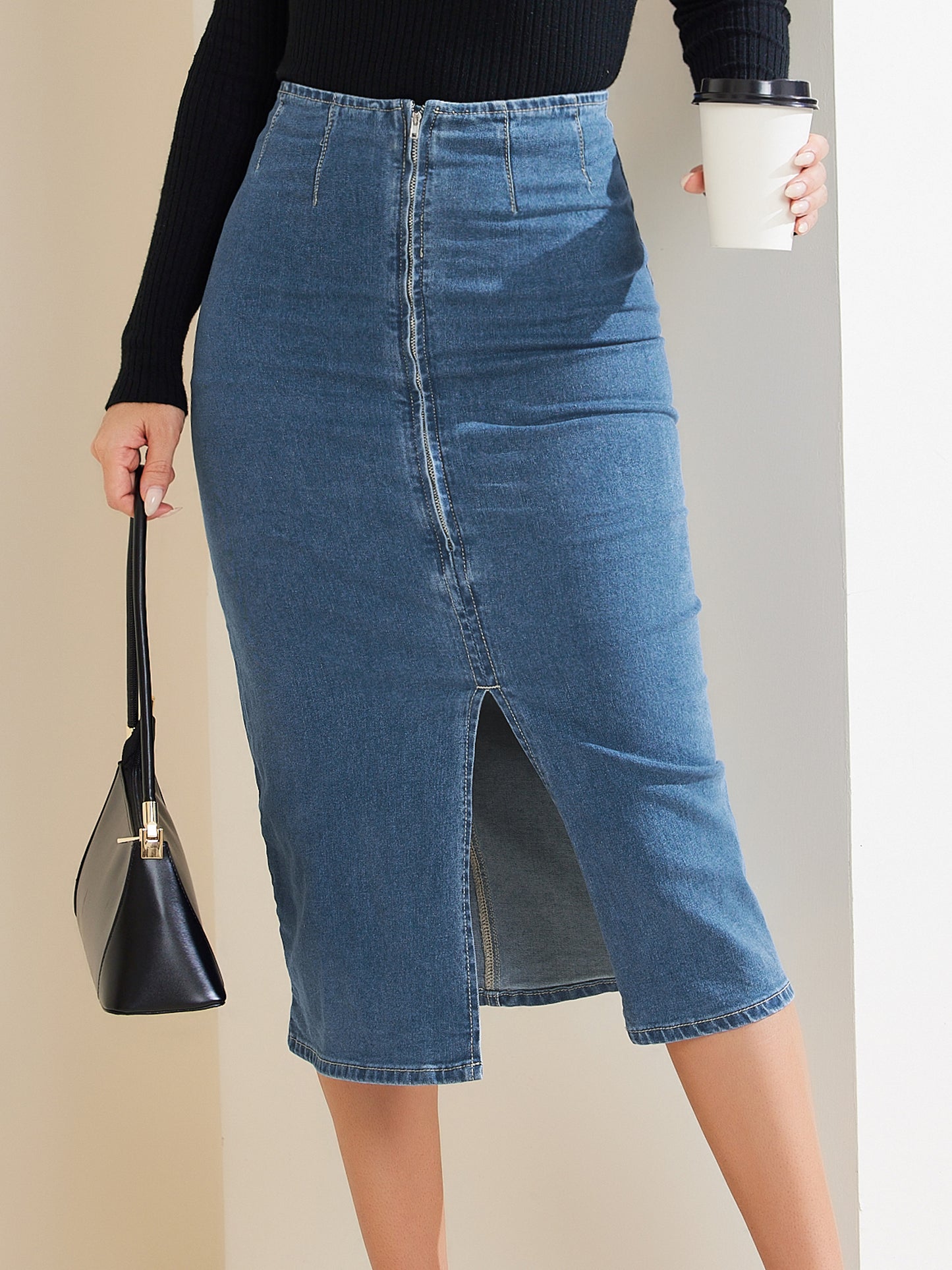 Women's Denim Skirt Front Slit Zipper High Waist Bodycon Midi Jean Skirt