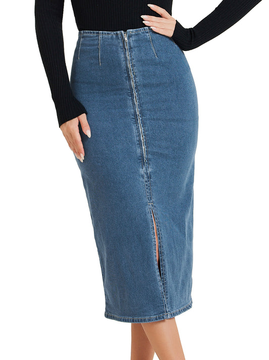 Women's Denim Skirt Front Slit Zipper High Waist Bodycon Midi Jean Skirt