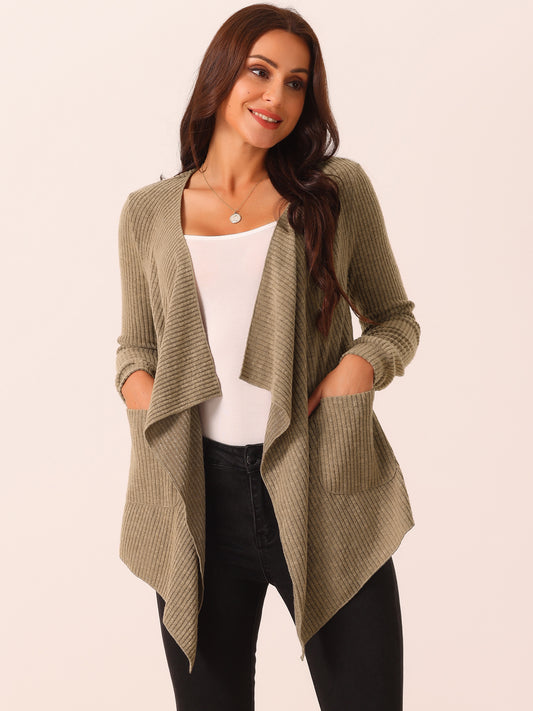 Cárdigan de punto ligero para mujer, con dobladillo irregular, manga larga, abertura frontal, drapeado y bolsillos