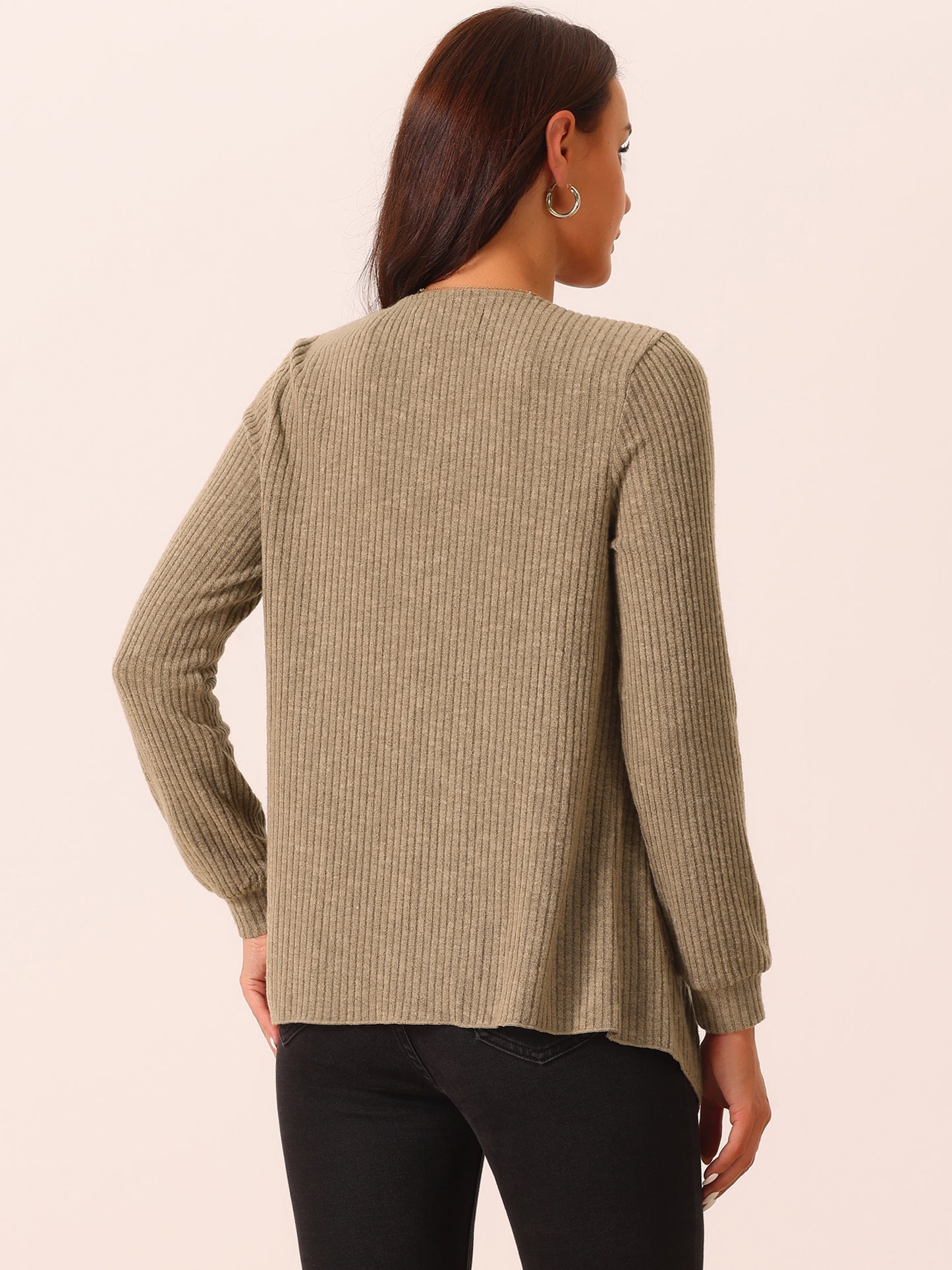 Cárdigan de punto ligero para mujer, con dobladillo irregular, manga larga, abertura frontal, drapeado y bolsillos