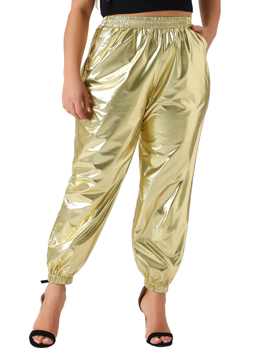 Women Plus Size Jogger Pants Metallic Shiny High Waist Stretchy Wear Holographic Trousers Sweatpant