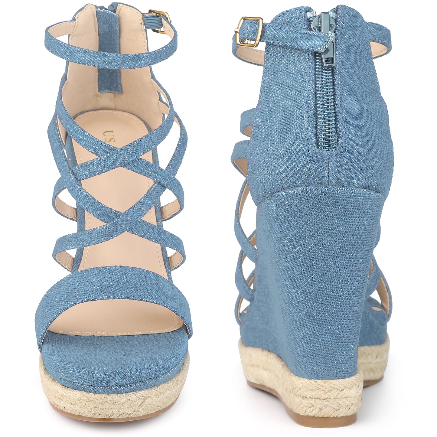 Women Denim Platform Heels Strappy Wedge Sandals