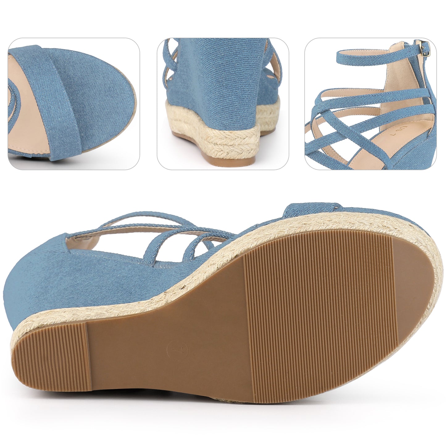 Women Denim Platform Heels Strappy Wedge Sandals