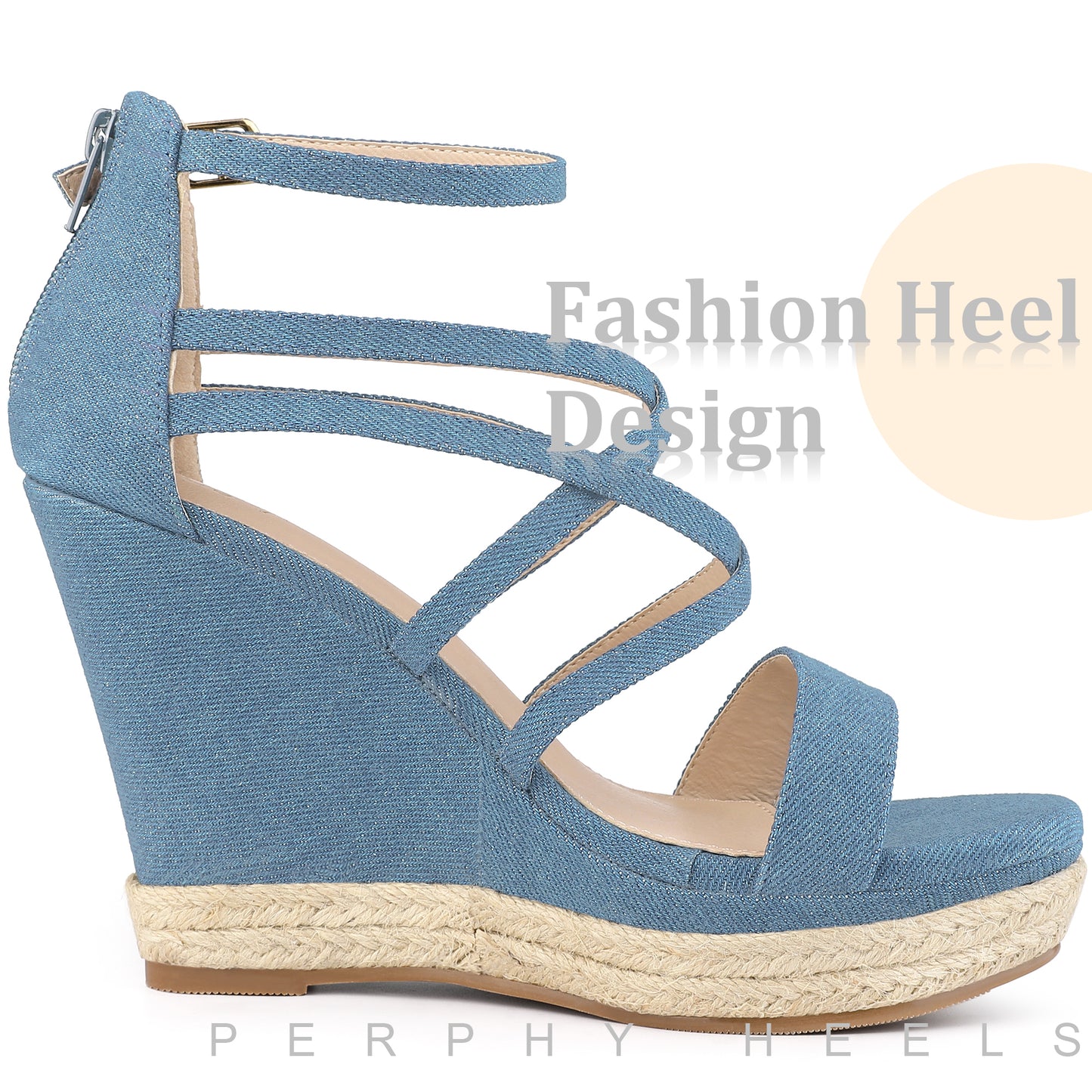 Women Denim Platform Heels Strappy Wedge Sandals
