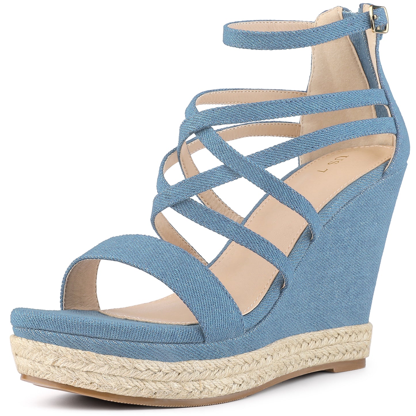 Women Denim Platform Heels Strappy Wedge Sandals