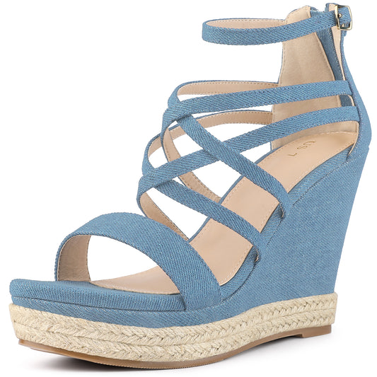 Women Denim Platform Heels Strappy Wedge Sandals