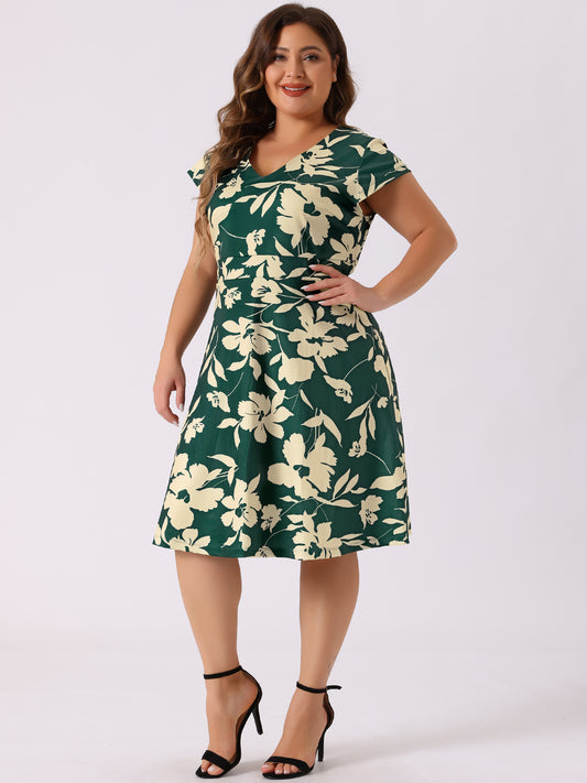 Women's Plus Size Dresses Deep V Neck Above Knee Cap Sleeve Floral Dress