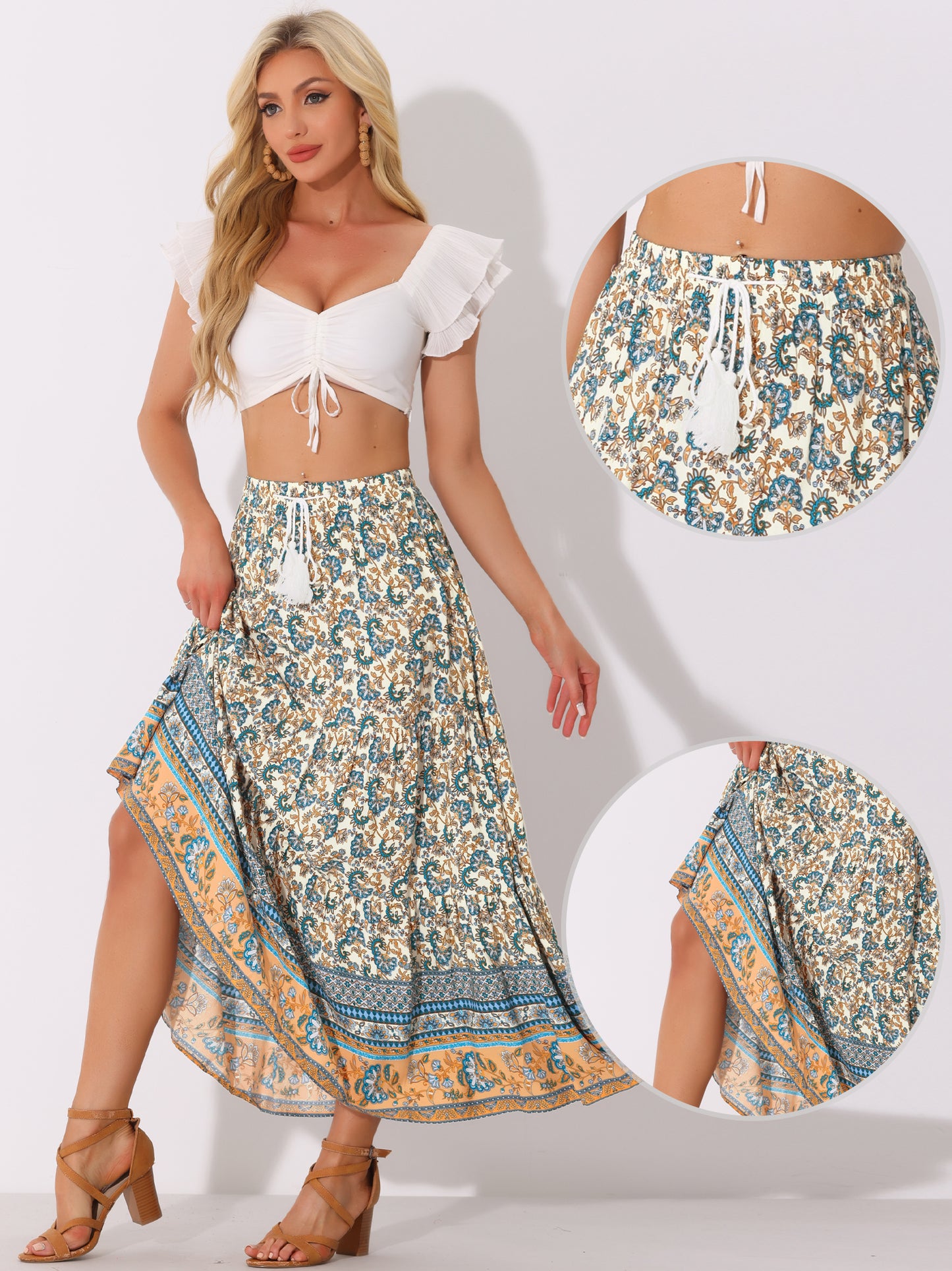 Women's Boho Skirt Summer Floral Bohemian Tassels Elastic Waist Maxi Skirt
