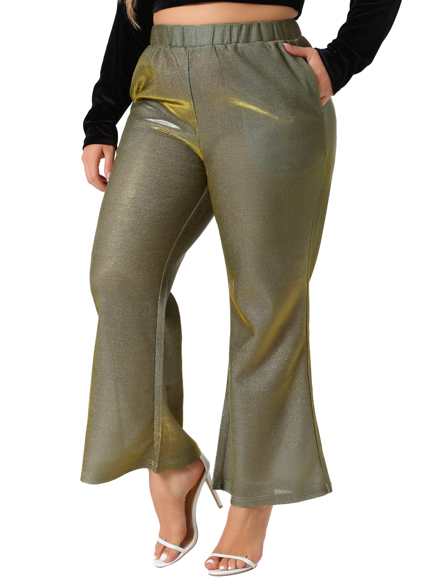 Women Plus Size Metallic Sparkly Pants High Waist Wide Leg Pants Palazzo Trousers Clubwear
