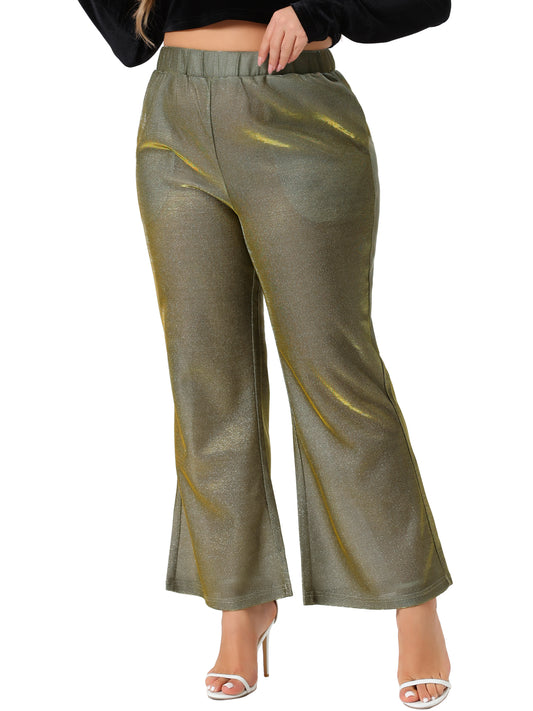Women Plus Size Metallic Sparkly Pants High Waist Wide Leg Pants Palazzo Trousers Clubwear