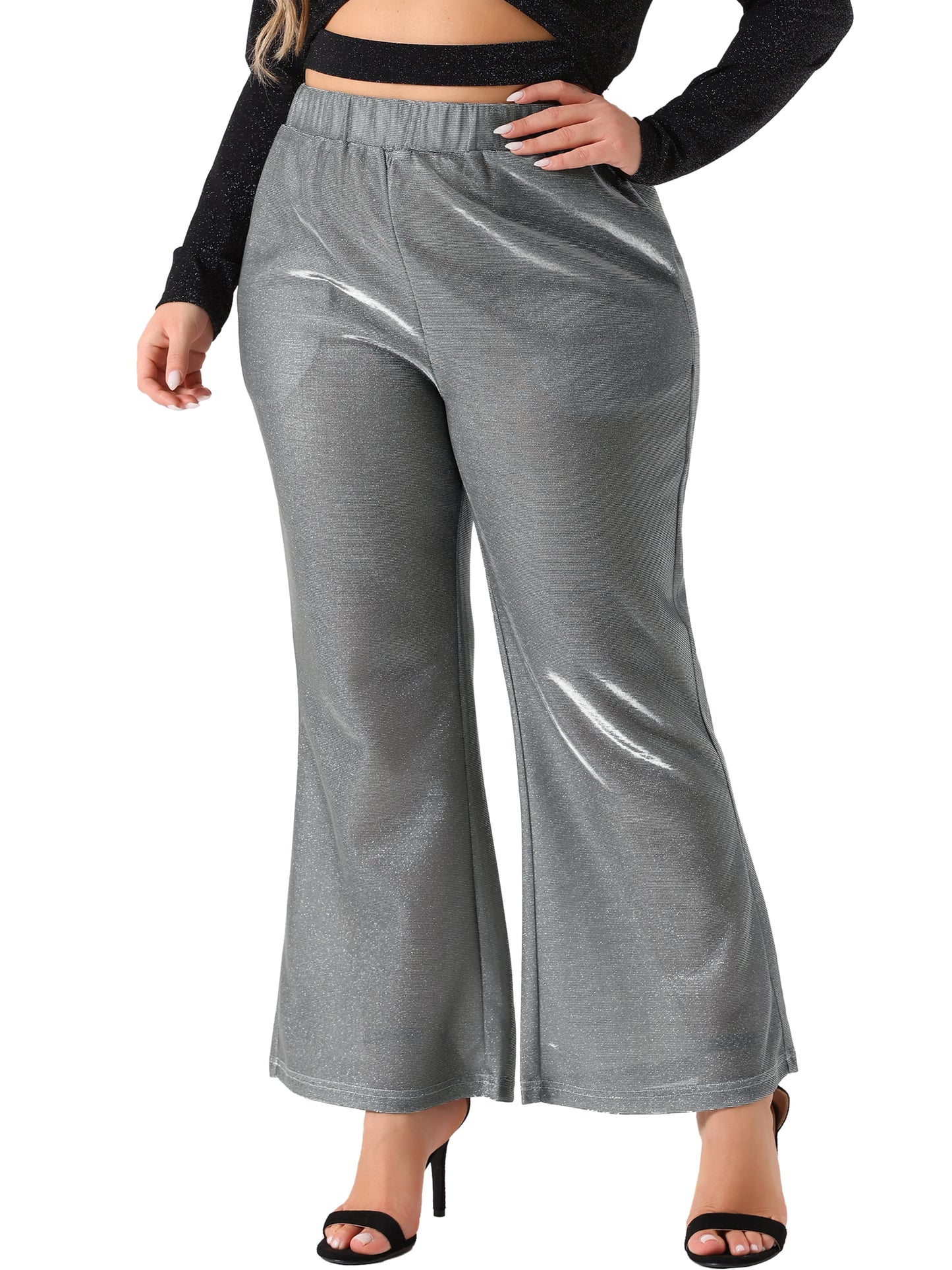 Women Plus Size Metallic Sparkly Pants High Waist Wide Leg Pants Palazzo Trousers Clubwear