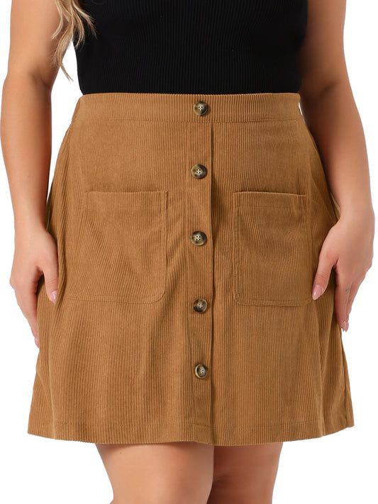 Faldas de pana de talla grande para mujer, otoño invierno, cintura elástica, abotonadas, minifalda corta con bolsillos