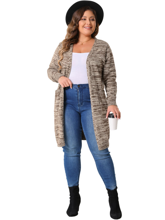 Women Plus Size Contrast Color Open Front Long Sleeve with Pockets Cardigans