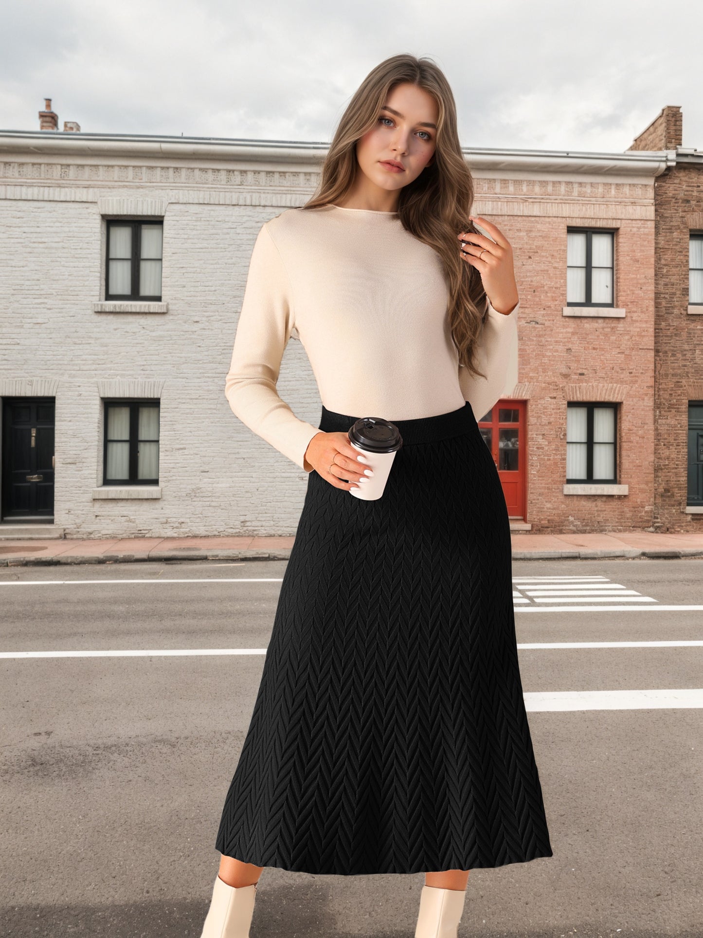 Faldas de punto acanalado para mujer, corte A, cintura alta elástica, estilo suéter, falda midi