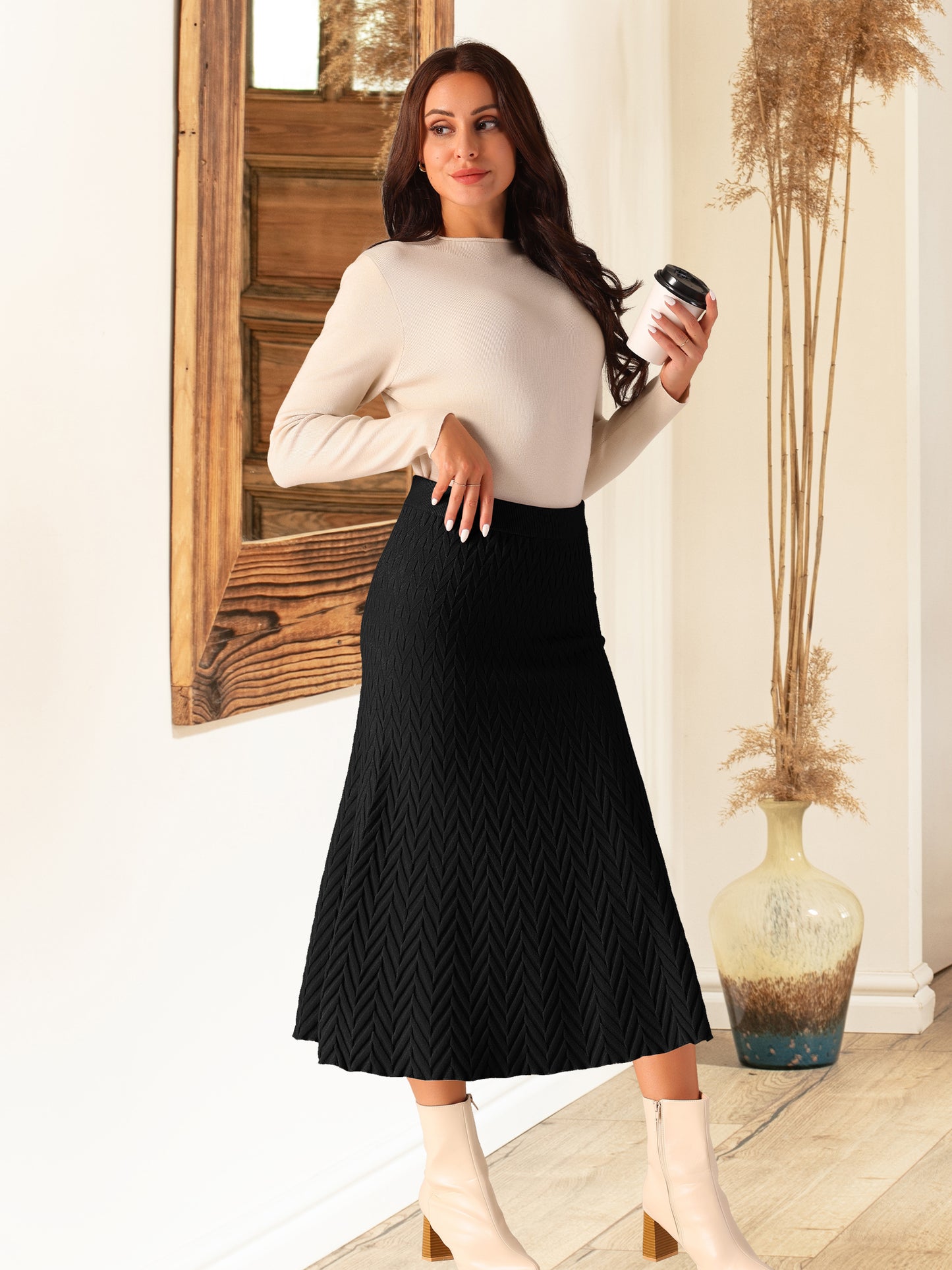 Faldas de punto acanalado para mujer, corte A, cintura alta elástica, estilo suéter, falda midi