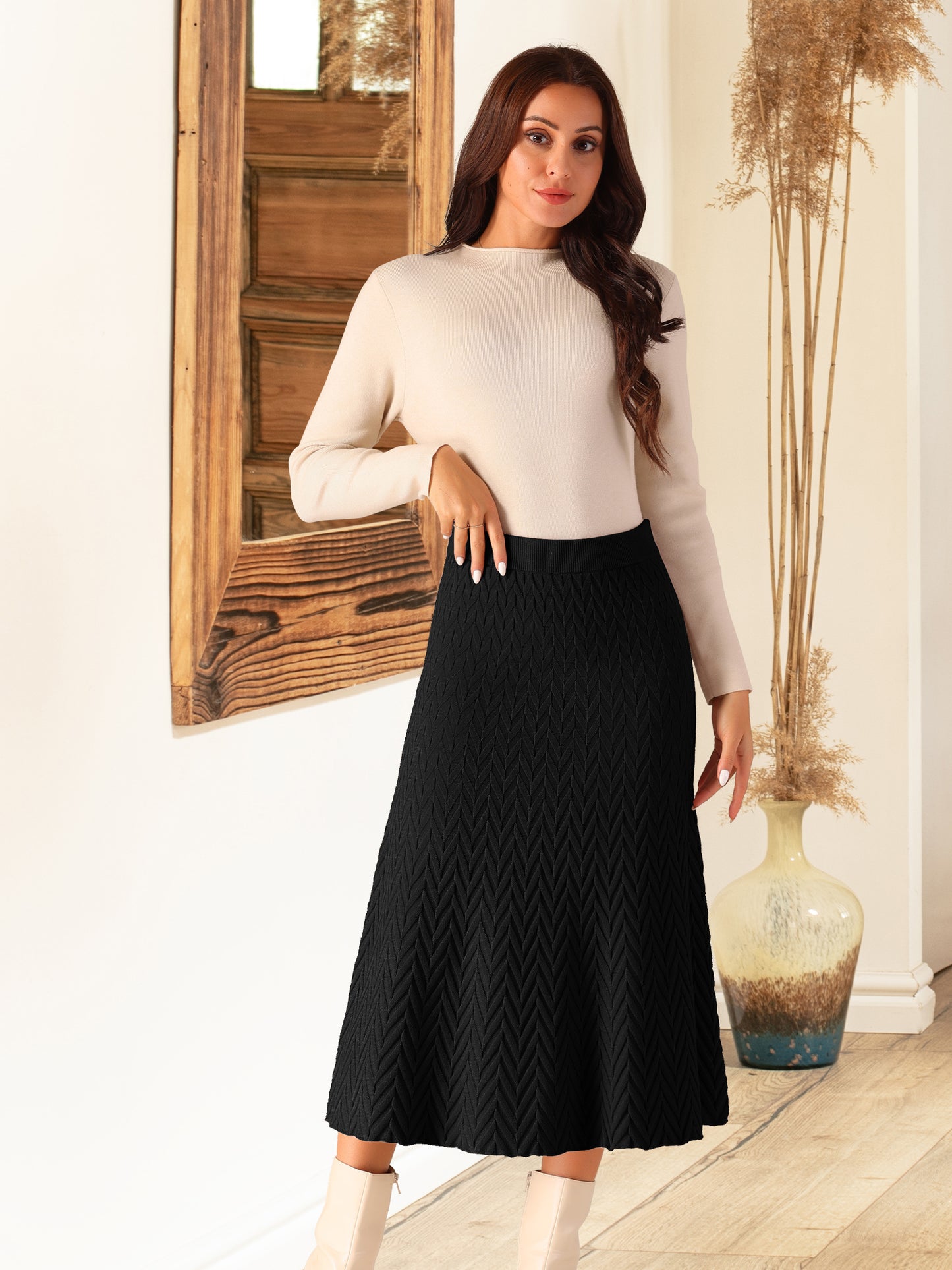 Faldas de punto acanalado para mujer, corte A, cintura alta elástica, estilo suéter, falda midi