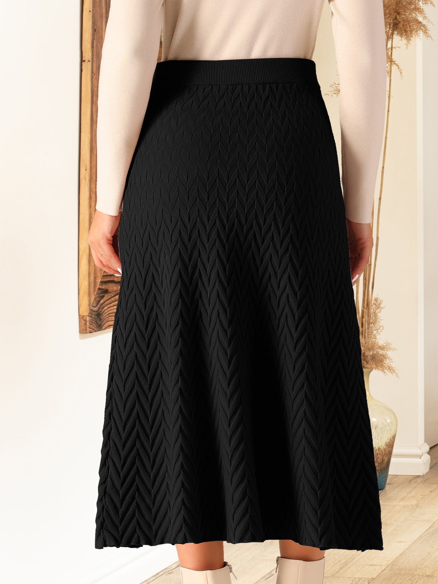 Faldas de punto acanalado para mujer, corte A, cintura alta elástica, estilo suéter, falda midi