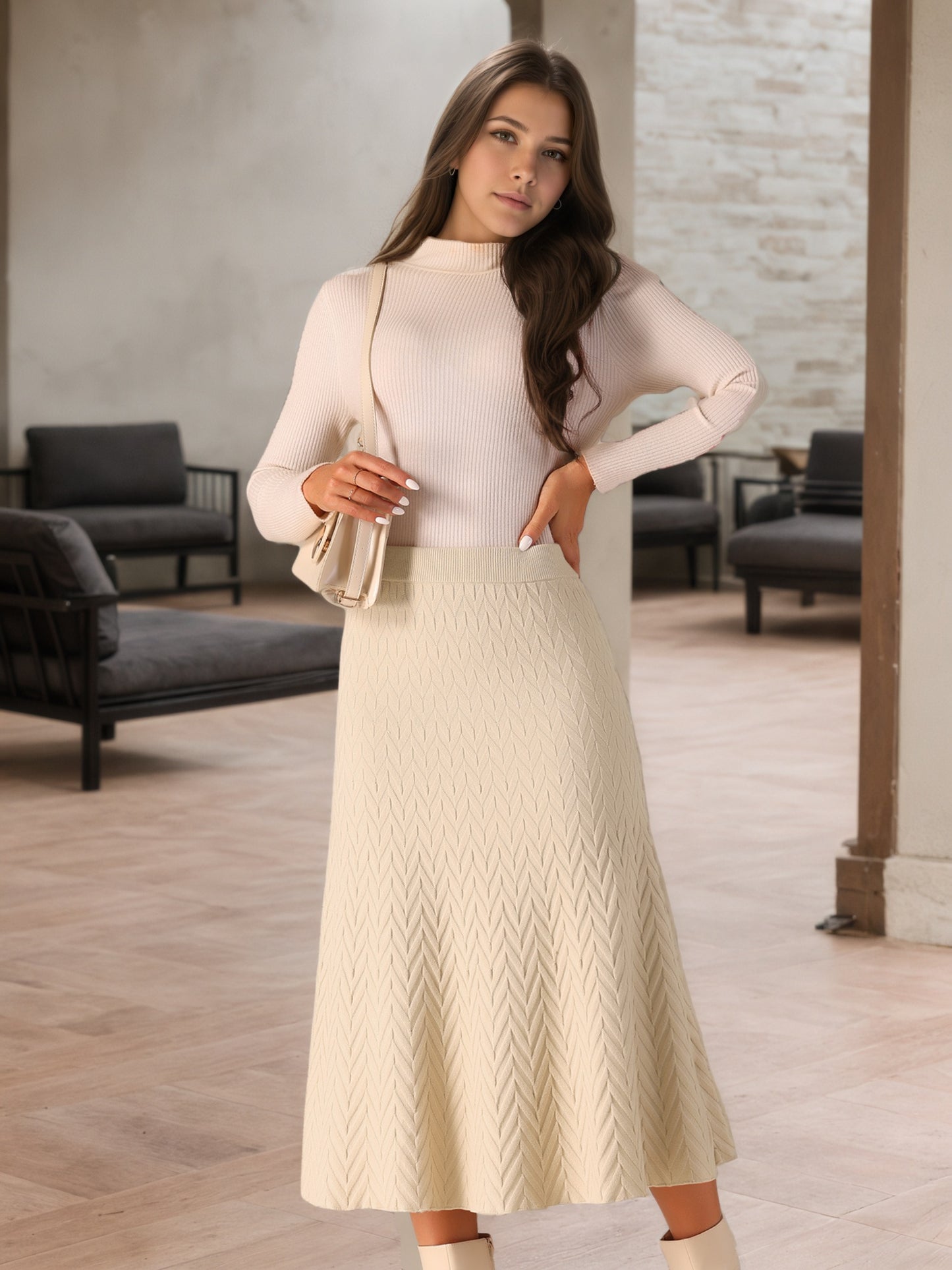 Women's Ribbed Knit A-Line Skirts Elastic High Waist Stretchy Sweater Midi Skirt