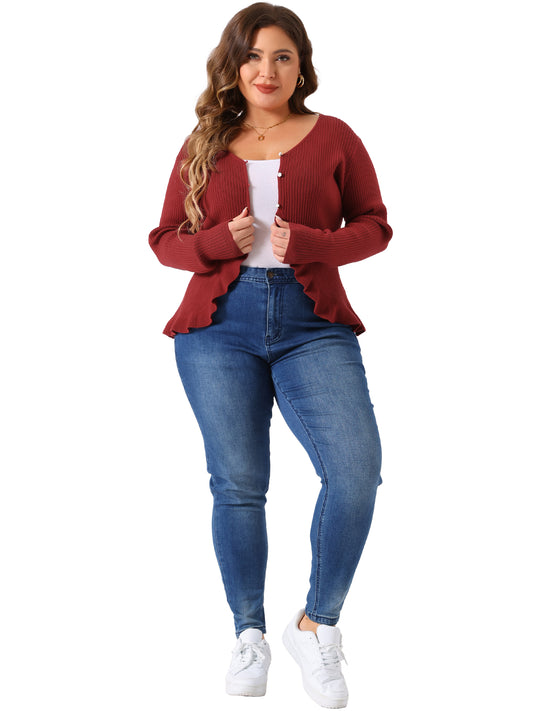 Women Plus Size Cardigans Long Sleeve Knit Sweater Open Front Ruffled Button Cardigan Outerwear
