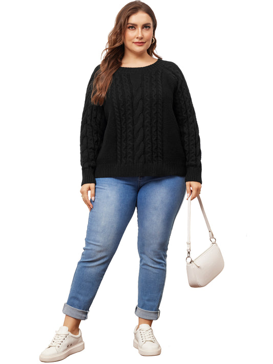 Women's Plus Size Sweater Long Sleeve Crewneck Fisherman Cable Pullover Sweaters