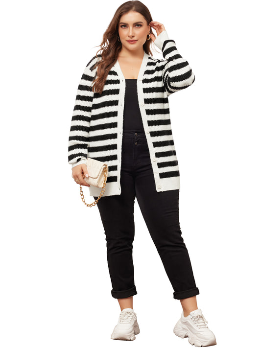 Women Plus Size Cardigan Sweater V Neck Button Down Open Front Long Sleeve Striped Knit Cardigans