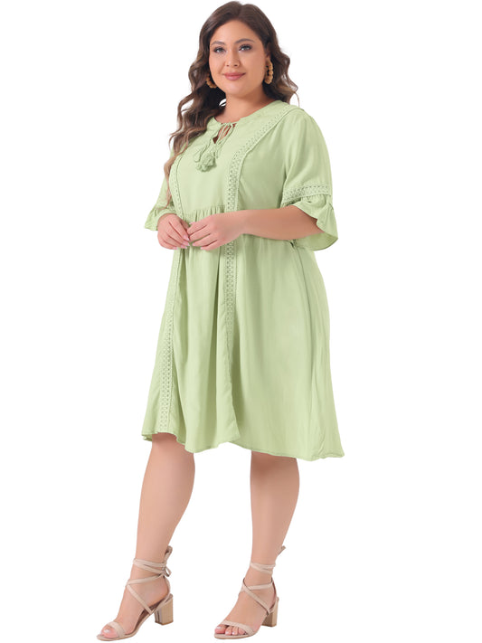 Women Plus Size Boho Dress Ruffle Short Sleeve Lace Insert V Neck Tassel Bohemian Mini Dress