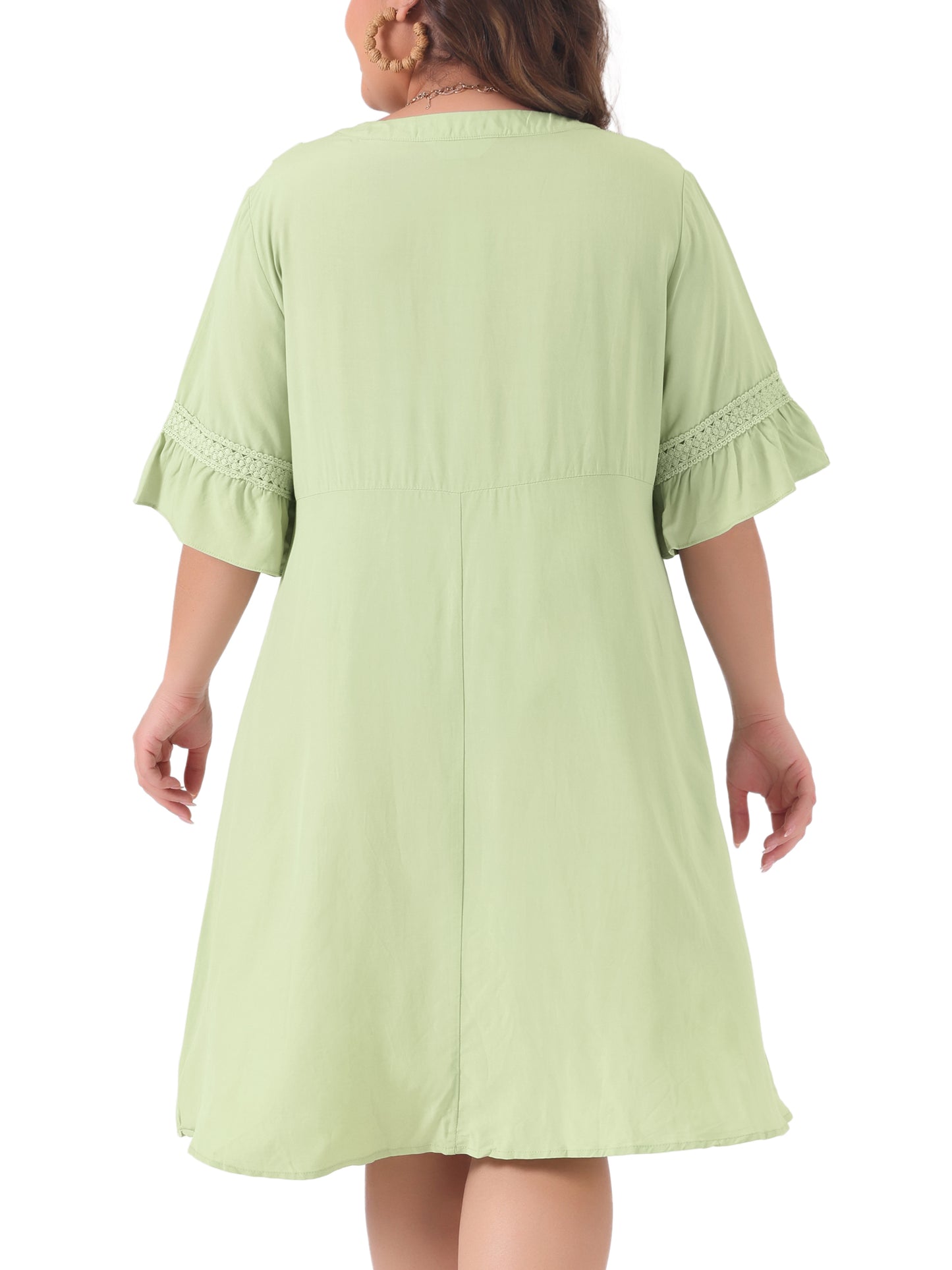 Women Plus Size Boho Dress Ruffle Short Sleeve Lace Insert V Neck Tassel Bohemian Mini Dress